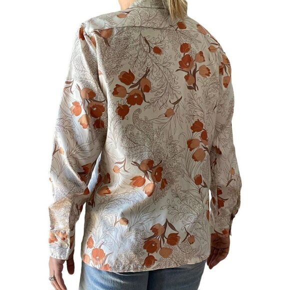 Vintage 1970s Womens Orange Floral Tulip Mid Mod Disco Collar Retro Blouse Sz M - Picture 6 of 7